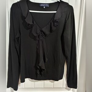 Jones New York Elegant Black Ruffle Long Sleeve V Neck Sweater